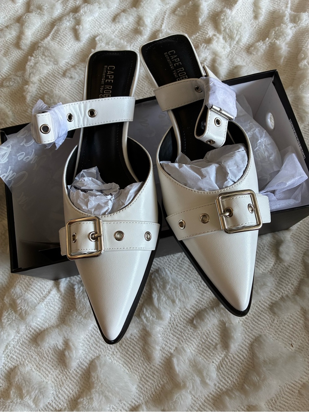 Cape Robbin White Pointed Buckle Mules with Ankle Strap Accent